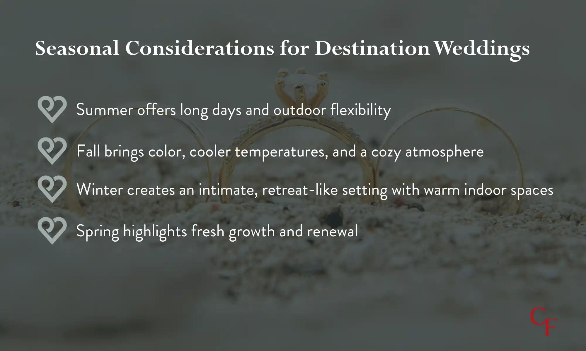 Destination Wedding Seasonal Guide | Carnation Farms Seasonal destination wedding planning guide showing summer, fall, winter, and spring considerations.
