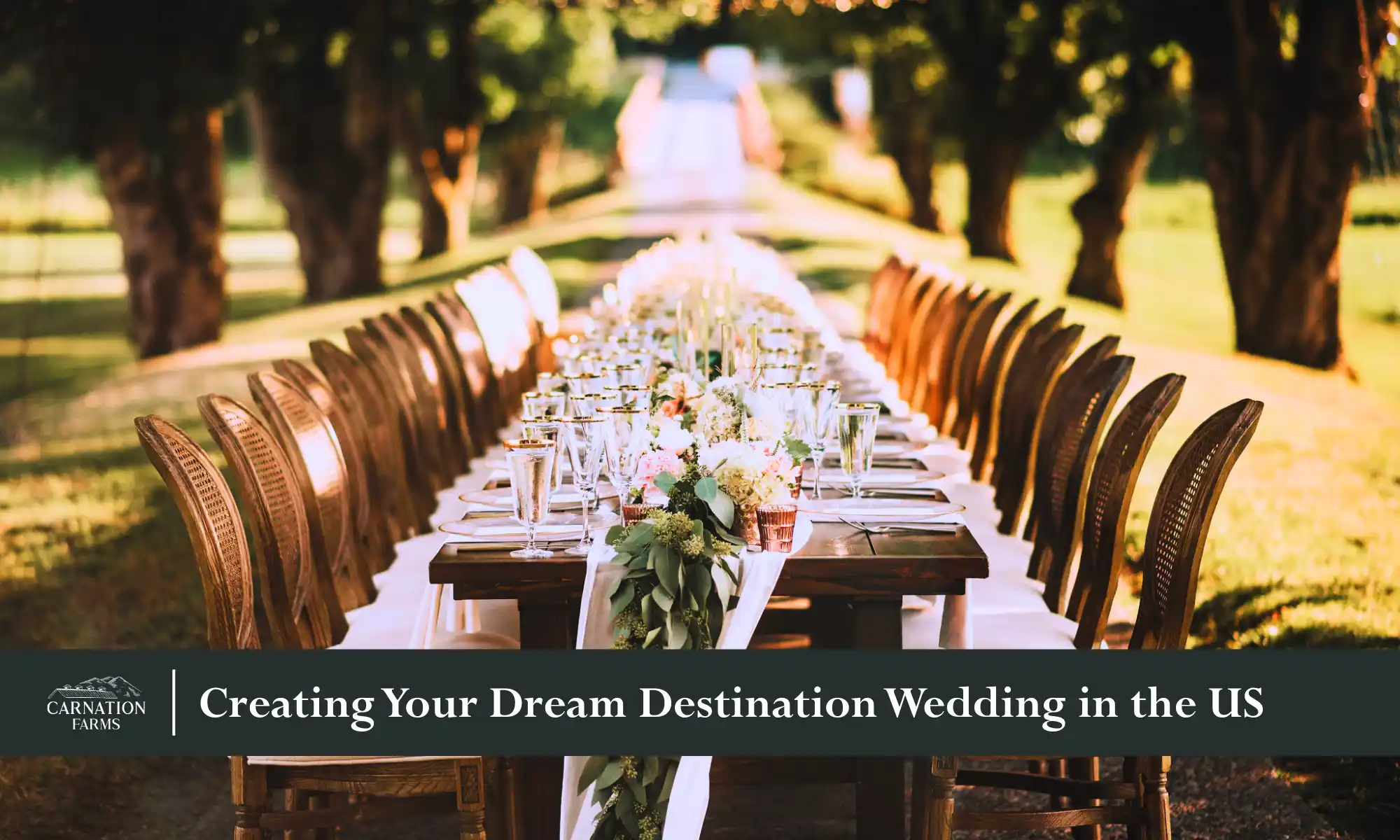 Dream Destination Wedding Reception | Carnation Farms Long outdoor reception table setup for a destination wedding celebration.