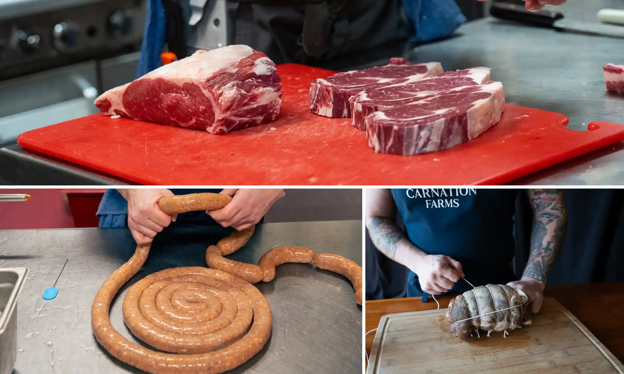 Fresh meat cuts and house-made sausage being prepared at Carnation Farms